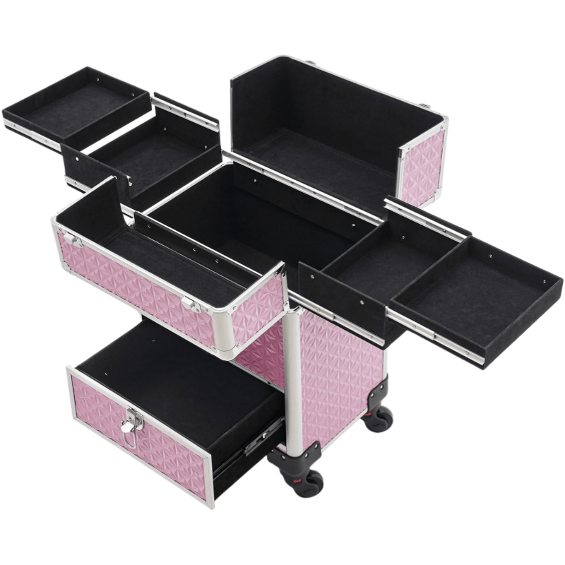 1pc Rolling Oversized Makeup Case with 4 Built-In Trays And a Handle for Easy Movement. It Is an Exclusive Wheeled Storage Tool for Nail Technicians, Artists, Beauticians, And Stylists